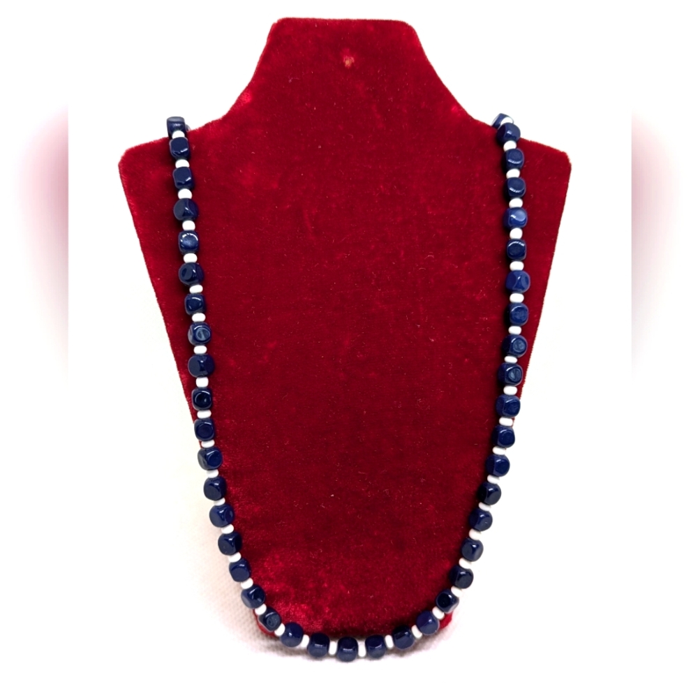 Beaded Necklace Navy Blue and White 18" Men Women Unisex Vintage Casual Boho